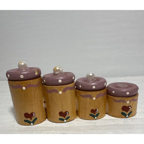 Mini Wooden Canister Set With Cookie Jar Pink Heart Dollhouse Kitchen Vtg Retro - Picture 3 of 9